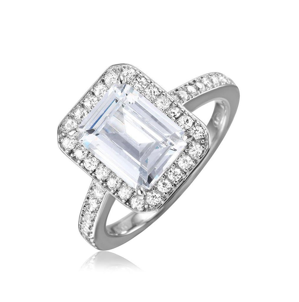 .925 Sterling Silver Rhodium Plated Emerald Cut Halo Ring, <b>size: 5</b>