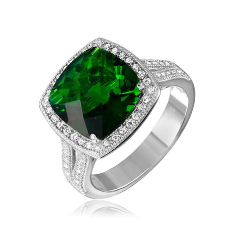 .925 Sterling Silver Rhodium Plated Square Halo Green Cz Ring With Micro Pave Stones, <b>size: 5</b>