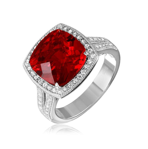 .925 Sterling Silver Rhodium Plated Square Halo Red Cz Ring With Micro Pave Stones, <b>size: 5</b>