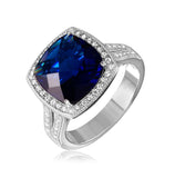 .925 Sterling Silver Rhodium Plated Square Halo Blue Cz Ring With Micro Pave Stones, <b>size: 5</b>