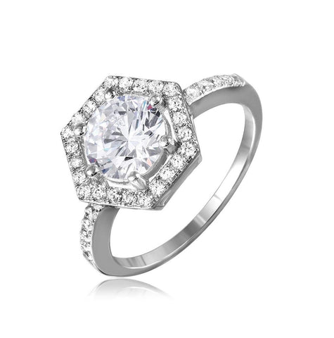 .925 Sterling Silver Rhodium Plated 6 Sides Design Cz Halo Ring, <b>size: 5</b>