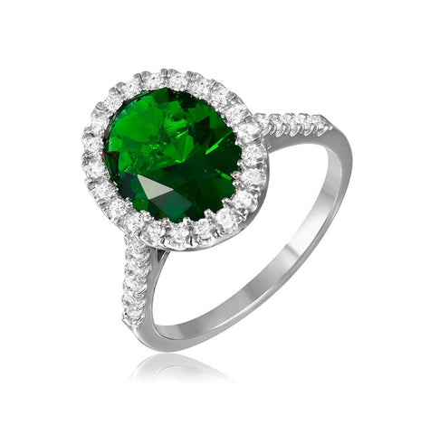 .925 Sterling Silver Rhodium Plated Green Oval Halo Ring With Cz Stones, <b>size: 5</b>