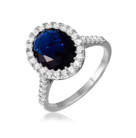 .925 Sterling Silver Rhodium Plated Blue Oval Halo Ring With Cz Stones, <b>size: 5</b>