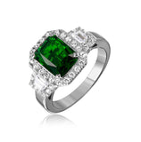 .925 Sterling Silver Rhodium Plated Green Emerald Cut Center Cz Stone Ring, <b>size: 5</b>