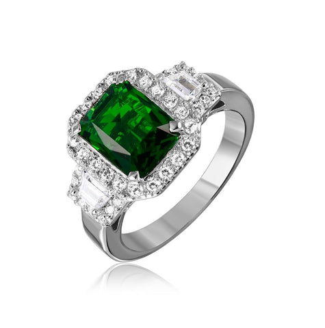 .925 Sterling Silver Rhodium Plated Green Emerald Cut Center Cz Stone Ring, <b>size: 5</b>