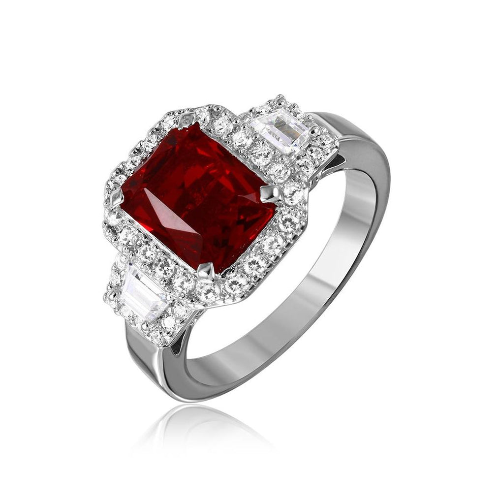 .925 Sterling Silver Rhodium Plated Red Emerald Cut Center Cz Stone Ring, <b>size: 5</b>