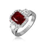 .925 Sterling Silver Rhodium Plated Red Emerald Cut Center Cz Stone Ring, <b>size: 5</b>