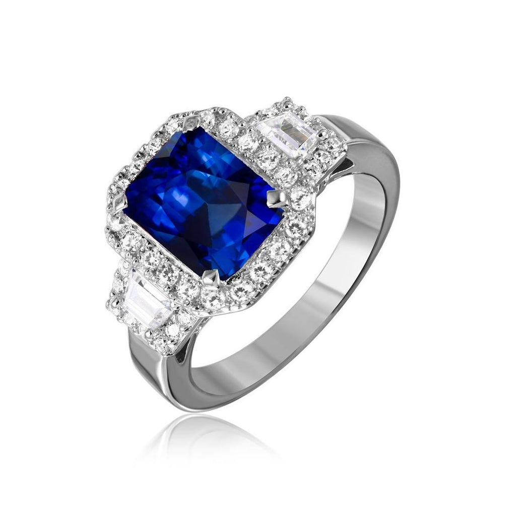 .925 Sterling Silver Rhodium Plated Sapphire Emerald Cut Center Cz Stone Ring, <b>size: 5</b>