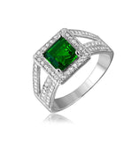 .925 Sterling Silver Rhodium Plated Green Square Halo With Micro Pave Cz Ring, <b>size: 5</b>