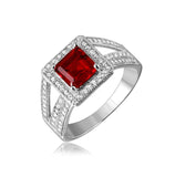 .925 Sterling Silver Rhodium Plated Red Square Halo With Micro Pave Cz Ring, <b>size: 5</b>