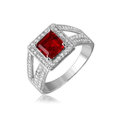 .925 Sterling Silver Rhodium Plated Red Square Halo With Micro Pave Cz Ring, <b>size: 5</b>