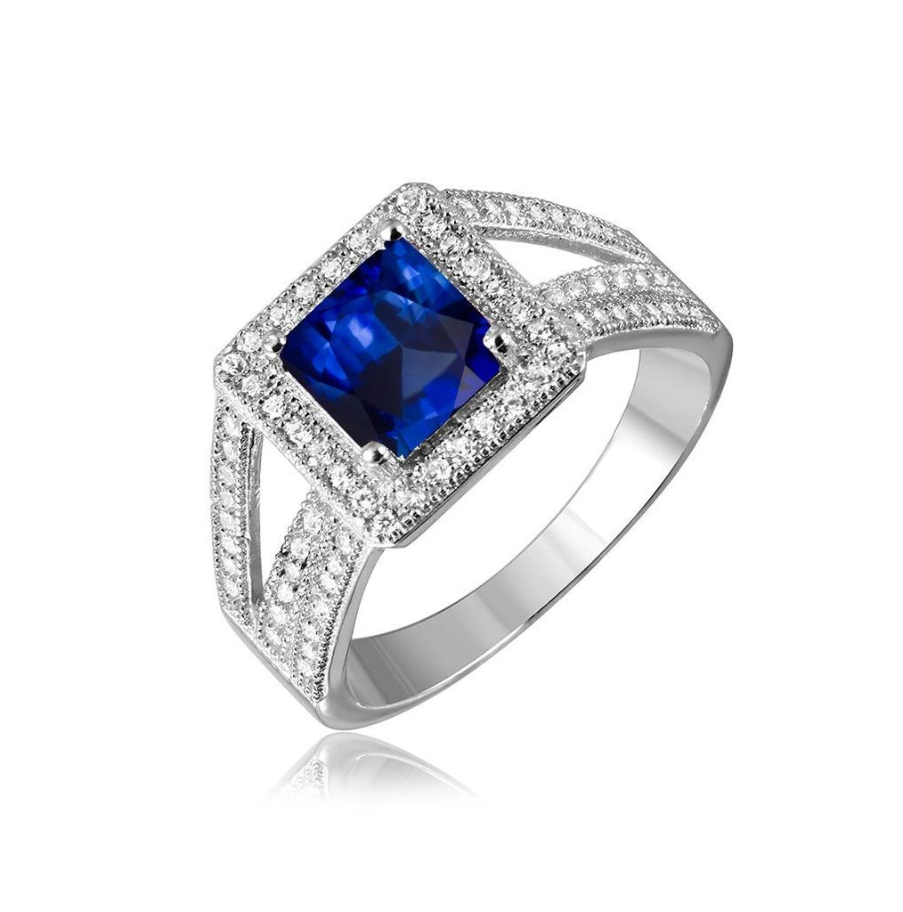 .925 Sterling Silver Rhodium Plated Sapphire Square Halo With Micro Pave Cz Ring, <b>size: 5</b>