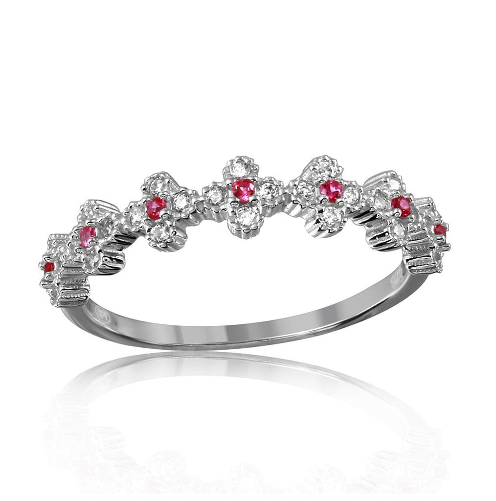 .925 Sterling Silver Rhodium Plated Clover Band With Pink Cz Stones, <b>size: 5</b>