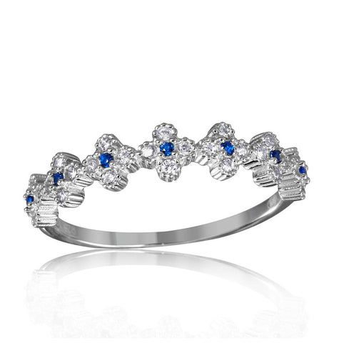 .925 Sterling Silver Rhodium Plated Clover Band With Blue Cz Stones, <b>size: 5</b>