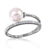 .925 Sterling Silver Rhodium Plated Overlap Cz And Synthetic Pearl Ring, <b>size: 5</b>