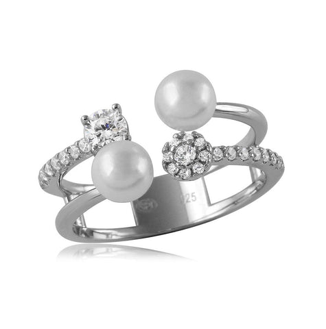 .925 Sterling Silver Rhodium Plated 2 Row Cz And Synthetic Pearl Ring, <b>size: 6</b>