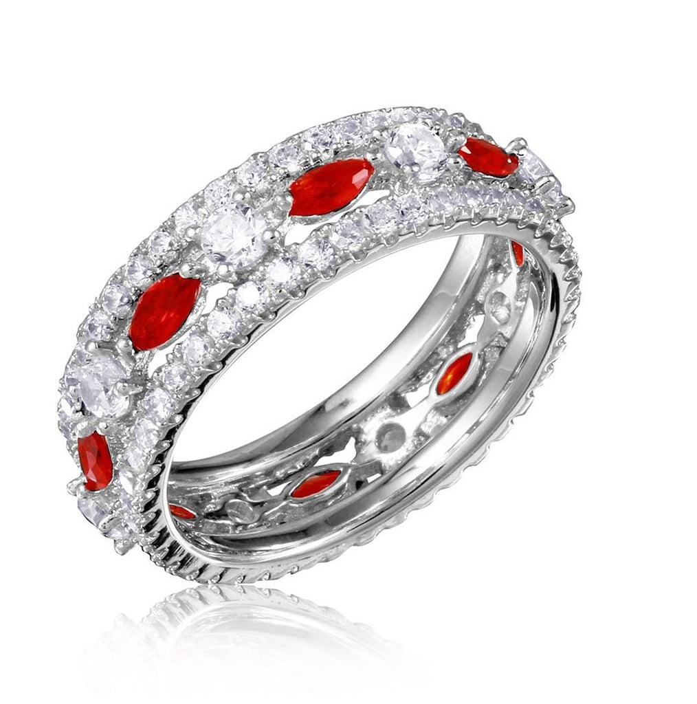 .925 Sterling Silver Rhodium Plated Band Encrusted With Clear And Red Cz Stones, <b>size: 5</b>