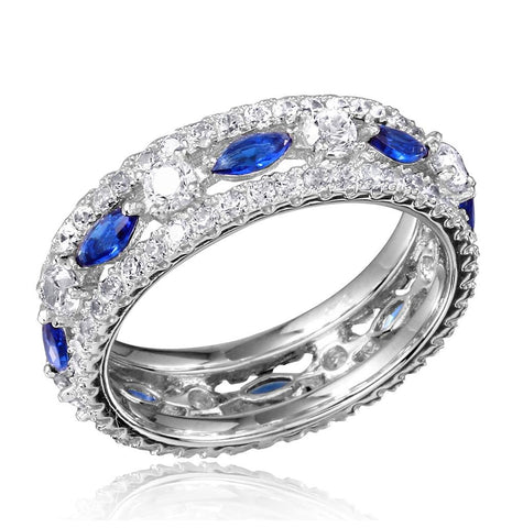 .925 Sterling Silver Rhodium Plated Band Encrusted With Clear And Blue Cz Stones, <b>size: 5</b>