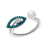 .925 Sterling Silver Black Rhodium & Rhodium Plated Turquoise Evil Eye & Cz With Fresh Water Pearl Ring, <b>size: 6</b>