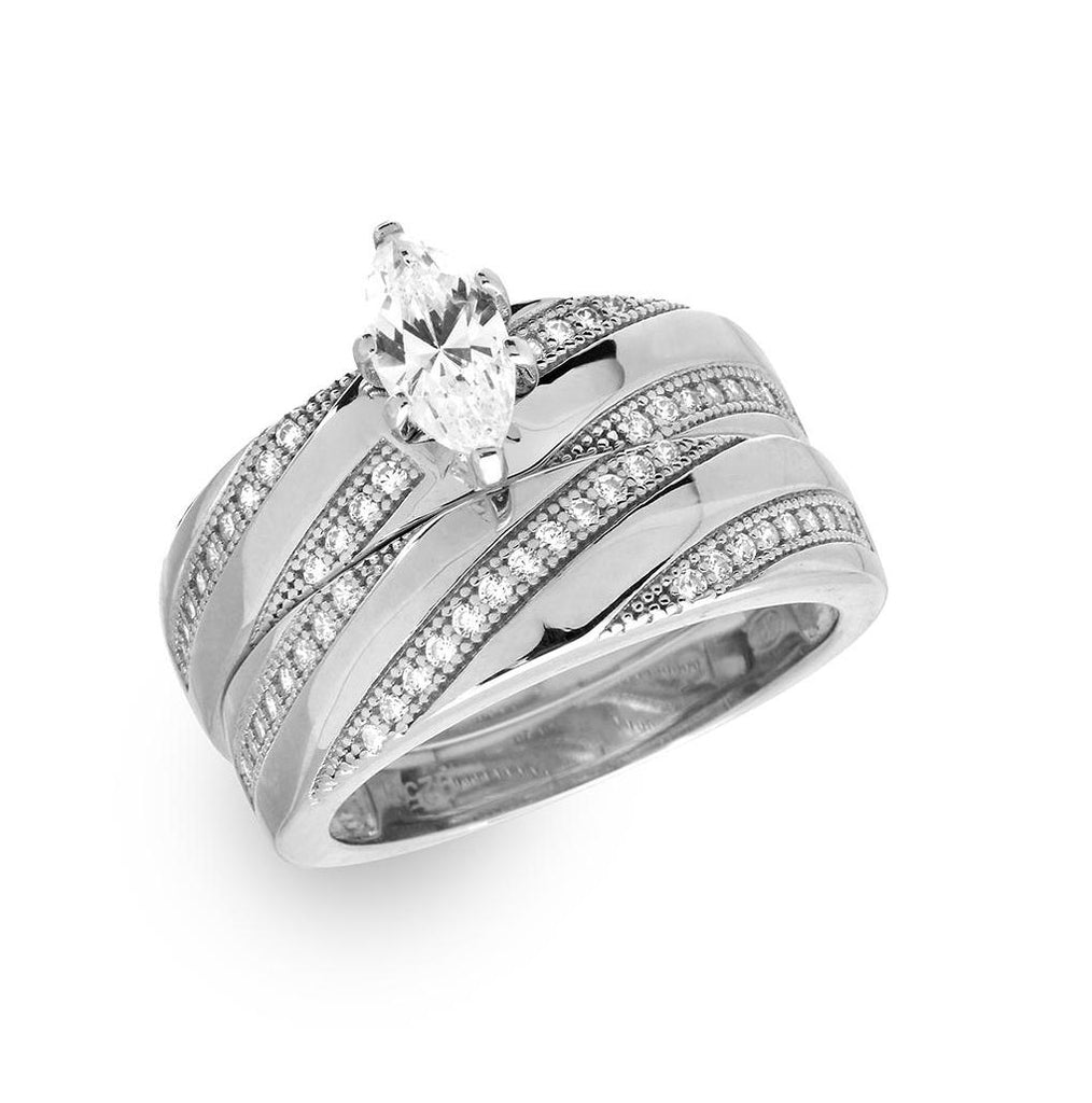 .925 Sterling Silver Rhodium Plated Marquise Center Trio Bridal Ring, <b>size: 5</b>