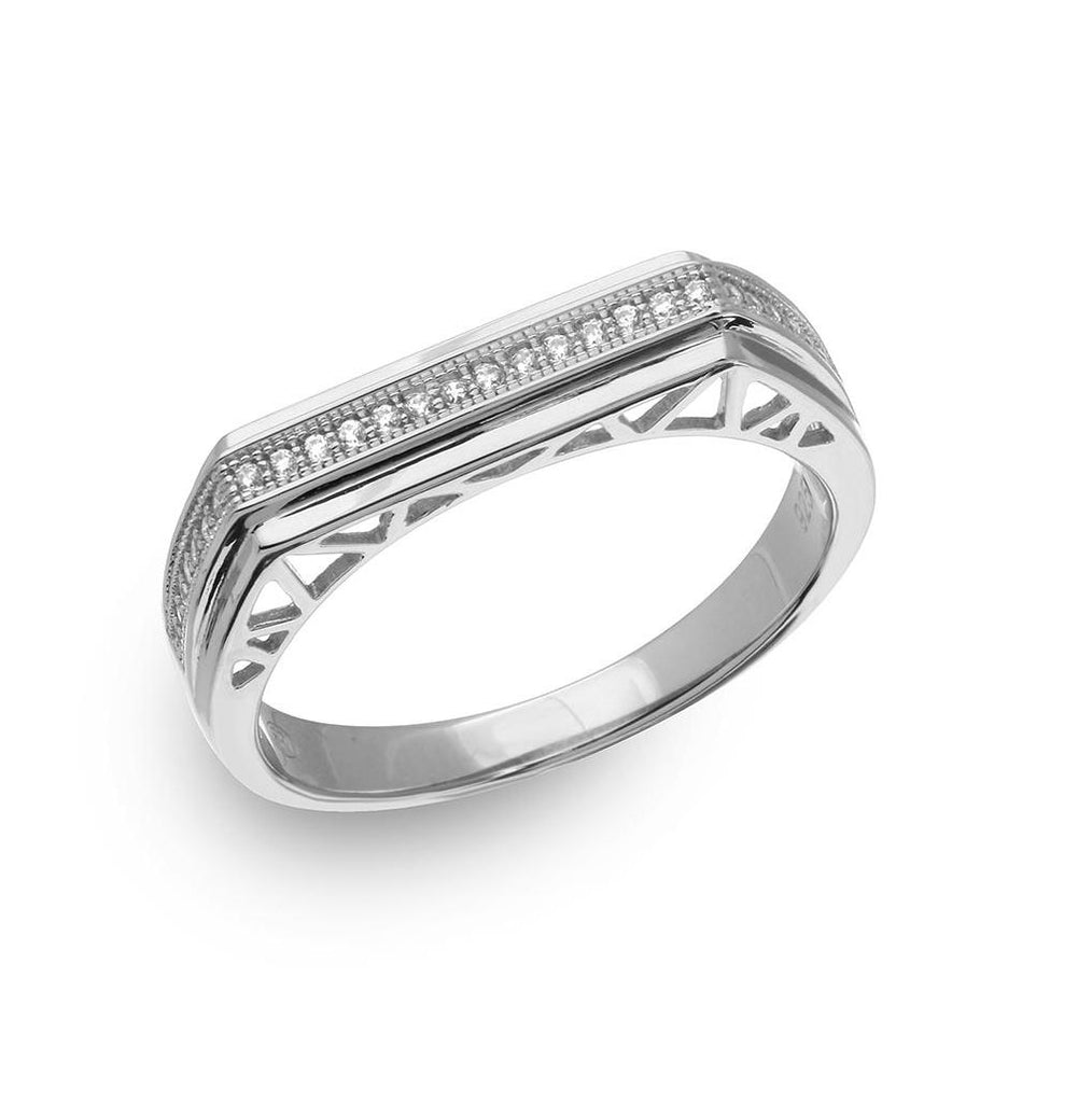 .925 Sterling Silver Mens Rhodium Plated Micro Pave Designed Shank Ring, <b>size: 9</b>