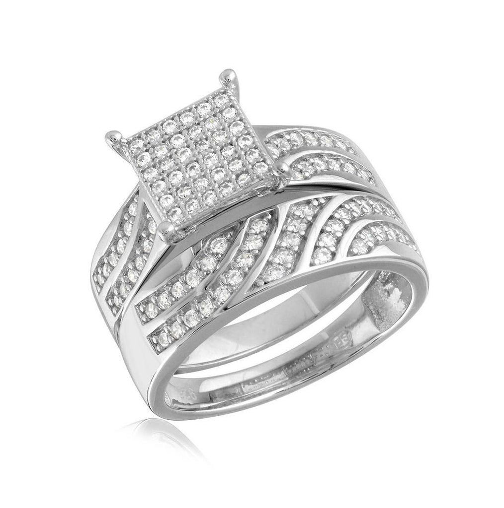 .925 Sterling Silver Rhodium Plated Wave Cz Band Square Center Micro Pave Stones Wedding Ring, <b>size: 5</b>