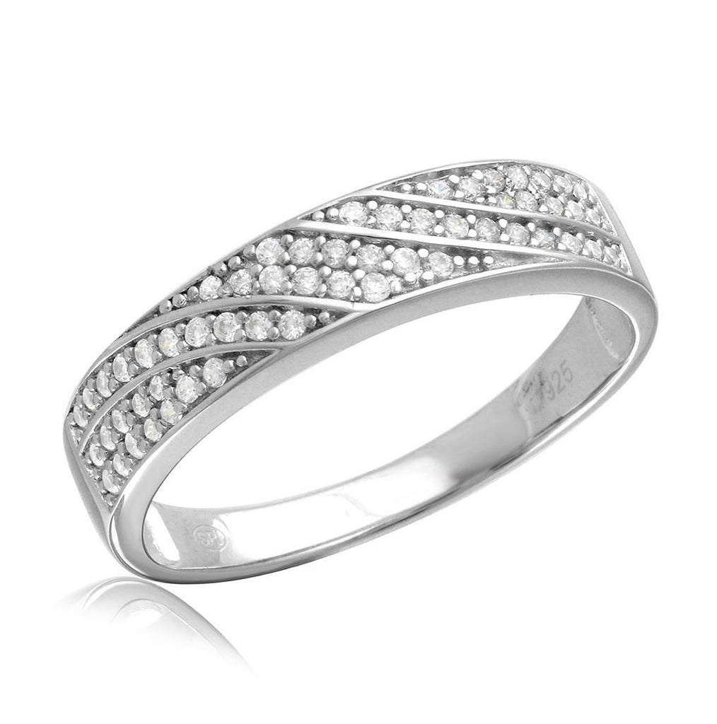 .925 Sterling Silver Mens Rhodium Plated Wave Cz Band Wedding Ring, <b>size: 9</b>