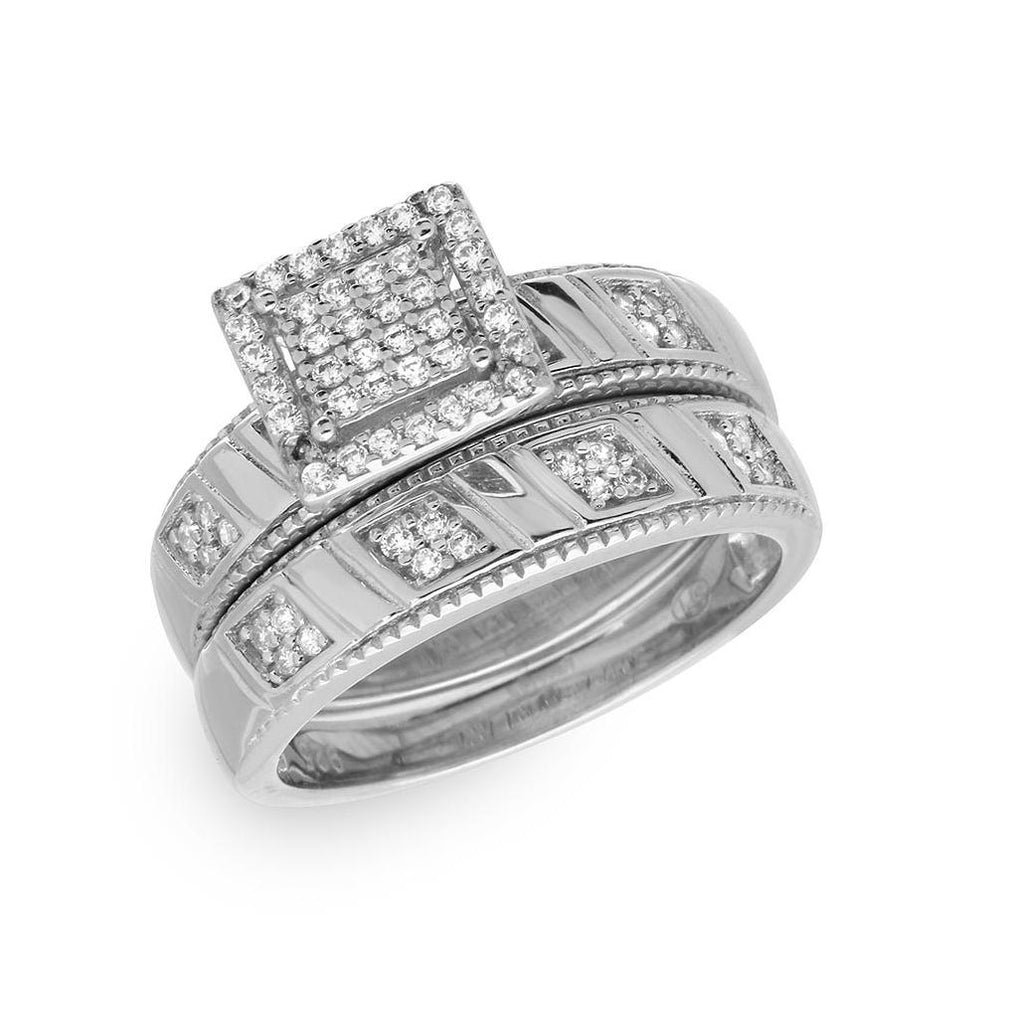 .925 Sterling Silver Rhodium Plated Square Pave Center Trio Bridal Ring, <b>size: 5</b>