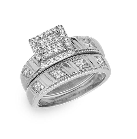 .925 Sterling Silver Rhodium Plated Square Pave Center Trio Bridal Ring, <b>size: 5</b>