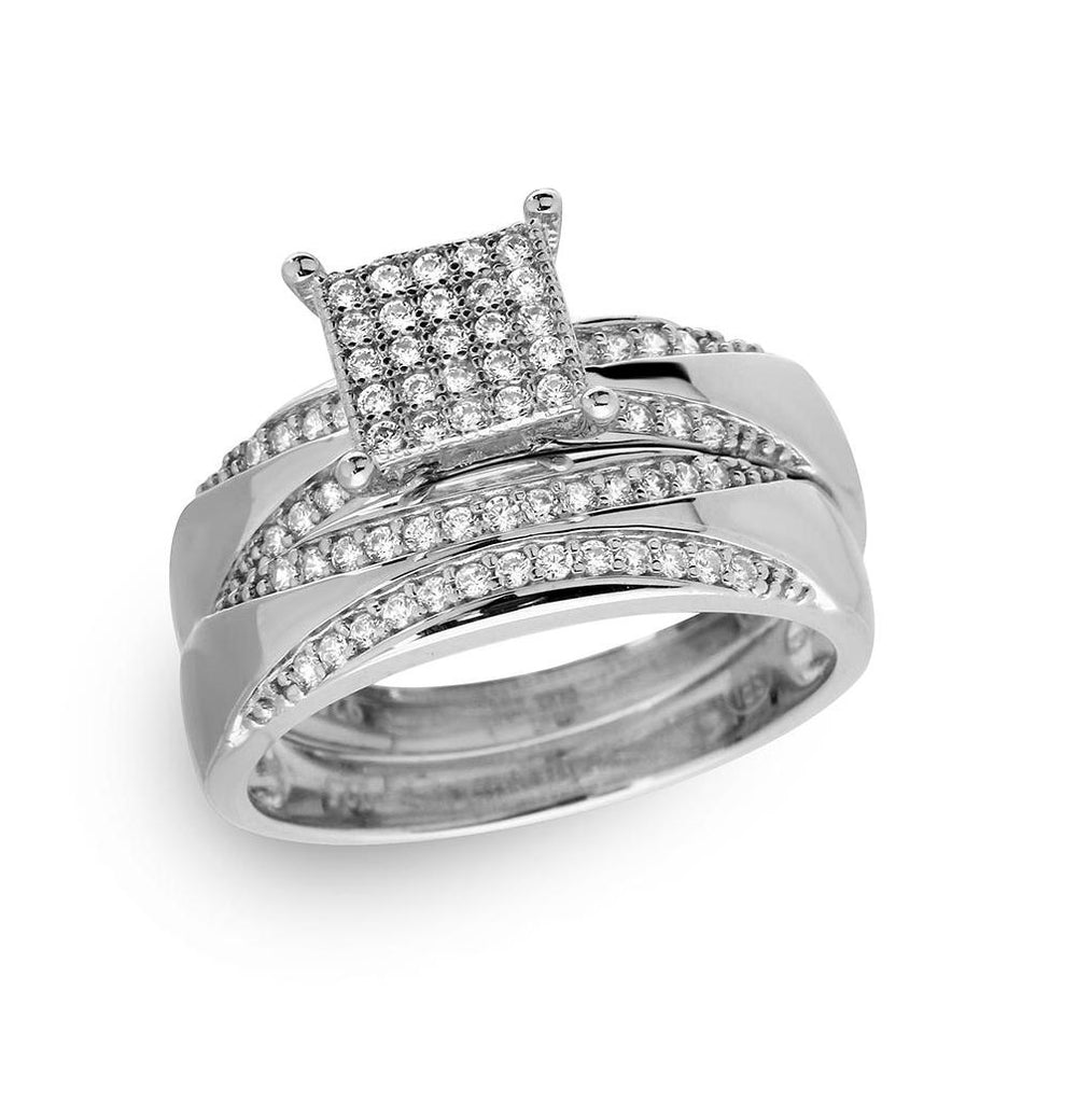 .925 Sterling Silver Rhodium Plated Square Pave Center Trio Bridal Ring, <b>size: 5</b>