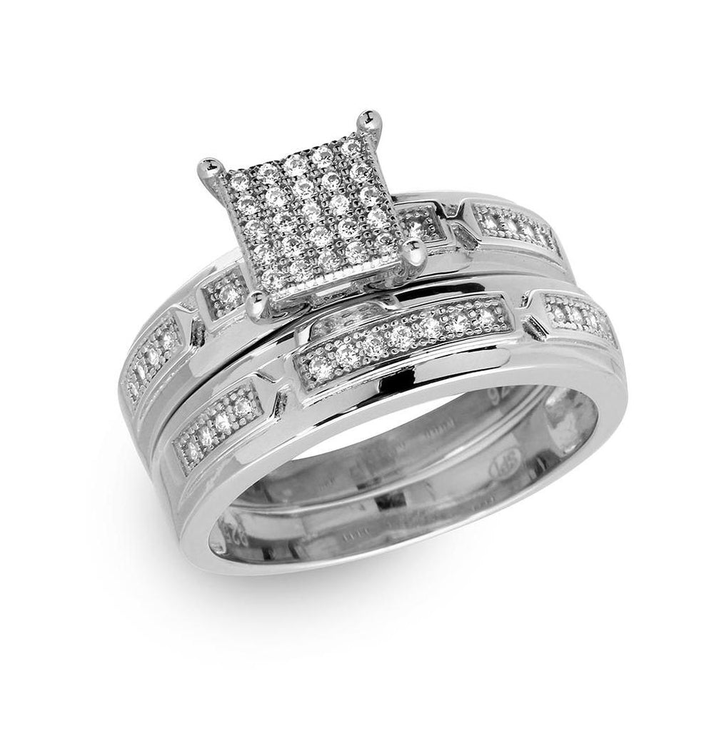 .925 Sterling Silver Rhodium Plated Square Pave Center Trio Bridal Ring, <b>size: 5</b>