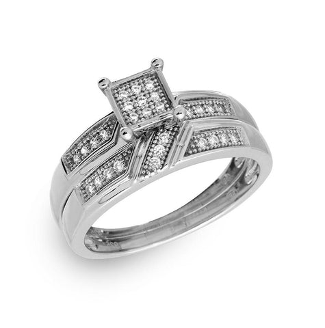 .925 Sterling Silver Rhodium Plated Square Pave Center Trio Bridal Ring, <b>size: 5</b>