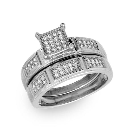 .925 Sterling Silver Rhodium Plated Square Pave Center Trio Bridal Ring, <b>size: 5</b>