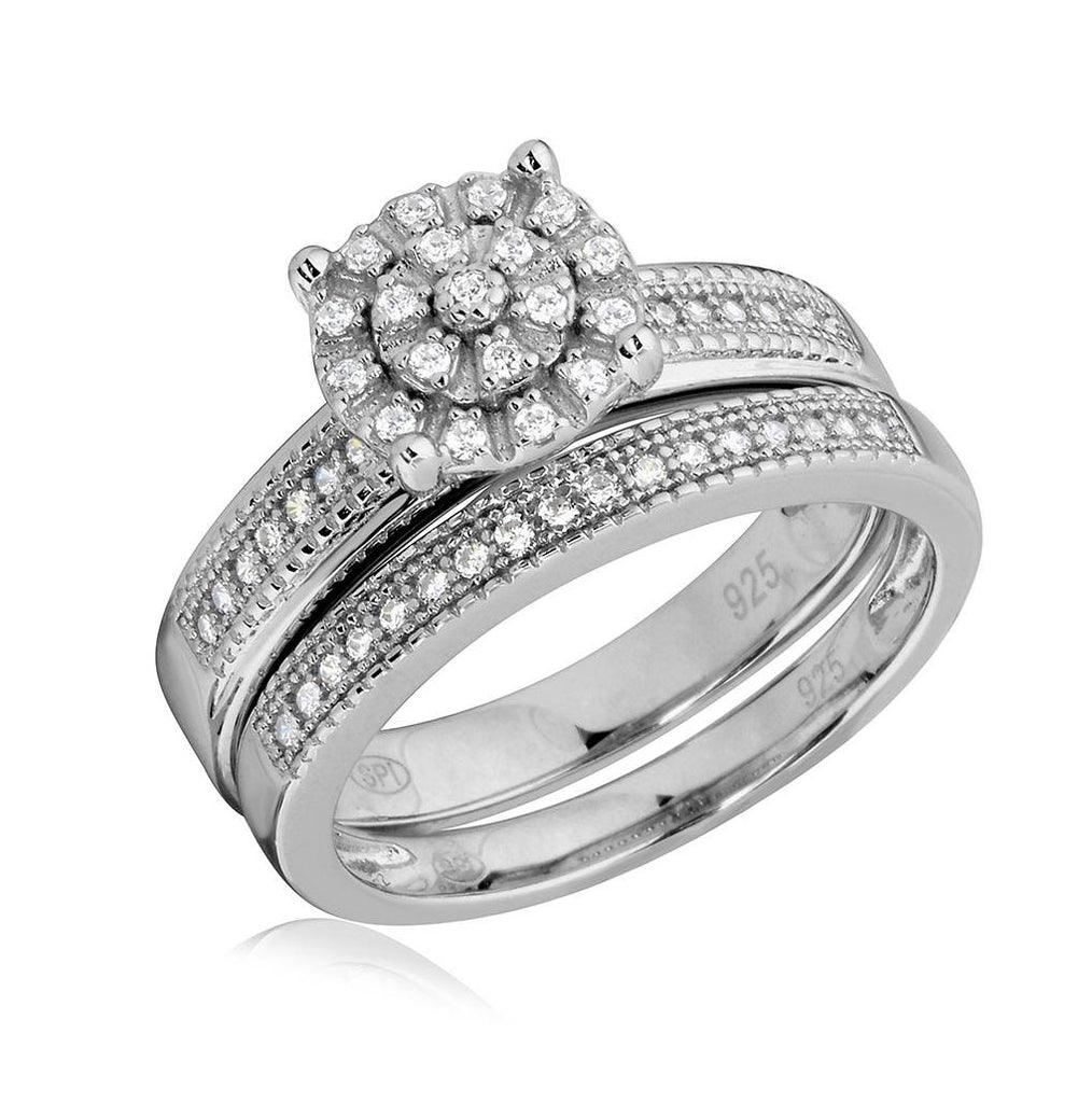 .925 Sterling Silver Rhodium Plated Cluster Stones Wedding Ring Set, <b>size: 5</b>