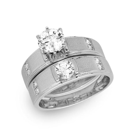 .925 Sterling Silver Rhodium Plated With Matte Finish Round Center Trio Bridal Ring, <b>size: 5</b>