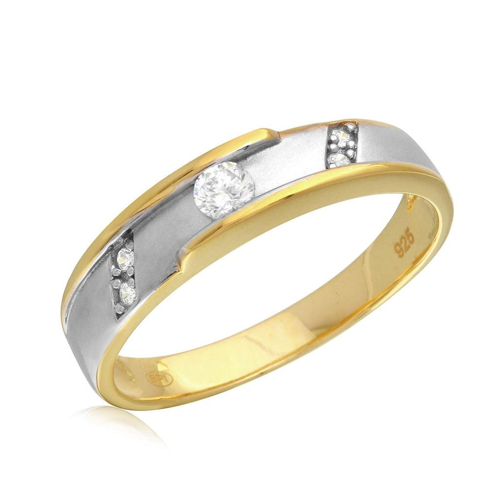 .925 Sterling Silver Mens 2 Toned Gold And Rhodium Plated Cz Wedding Band, <b>size: 9</b>