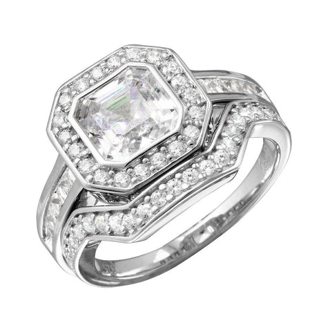 .925 Sterling Silver Rhodium Plated 2pcs Cz Square Center Bridal Ring, <b>size: 5</b>