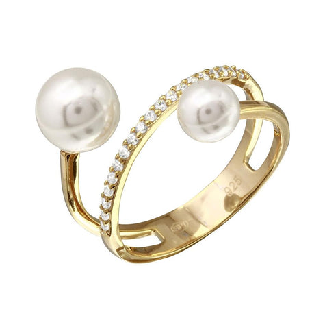 .925 Sterling Silver Gold Plated Synthetic Pearl Ended Loop Cz Ring, <b>size: 5</b>