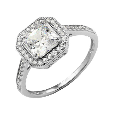 .925 Sterling Silver Rhodium Plated Square Halo Ring With Cz Shank, <b>size: 5</b>