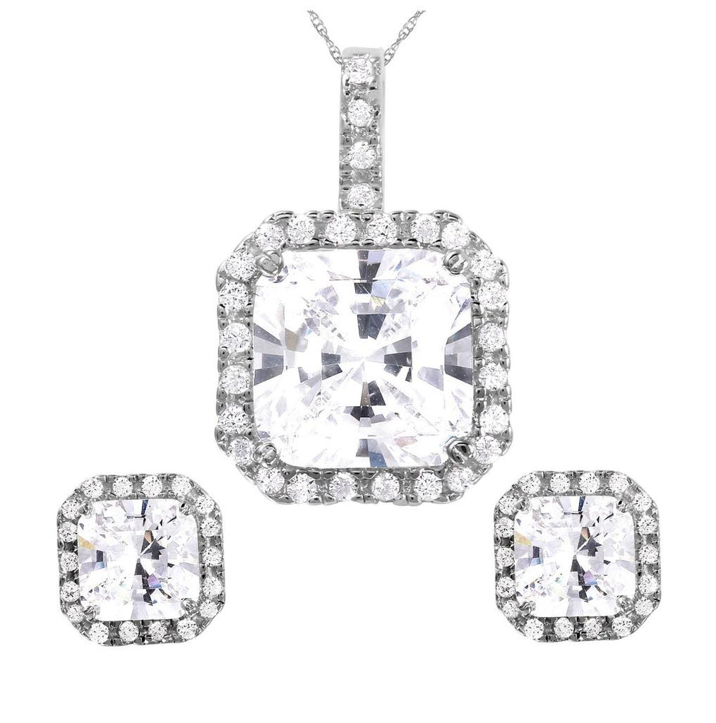 .925 Sterling Silver Rhodium Plated Square Clear Cz Set