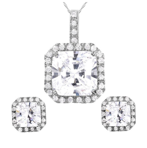 .925 Sterling Silver Rhodium Plated Square Clear Cz Set