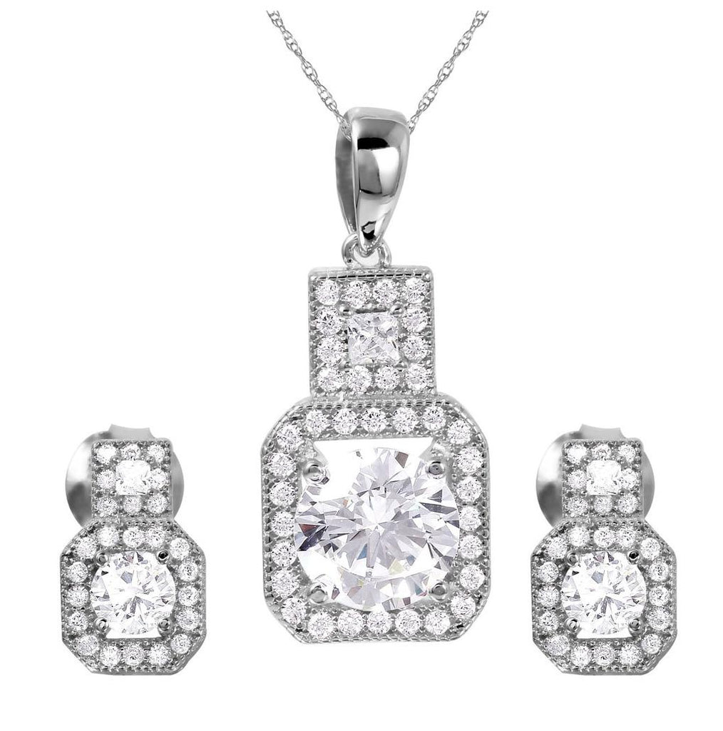 .925 Sterling Silver Rhodium Plated Thick Square Clear Cz Set