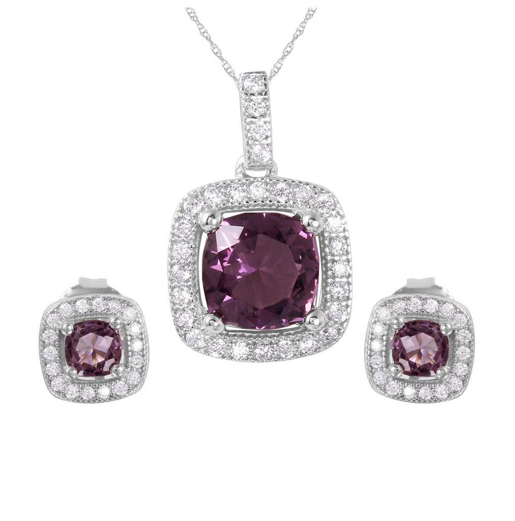 .925 Sterling Silver Rhodium Plated Square Purple Cz Set