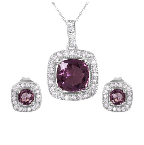 .925 Sterling Silver Rhodium Plated Square Purple Cz Set