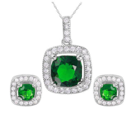 .925 Sterling Silver Rhodium Plated Square Green Cz Set