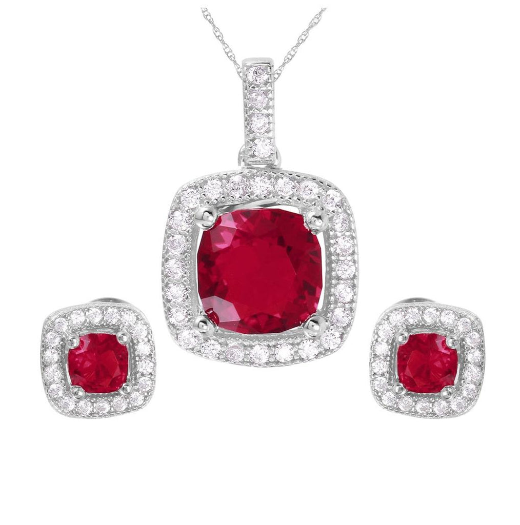 .925 Sterling Silver Rhodium Plated Square Red Cz Set