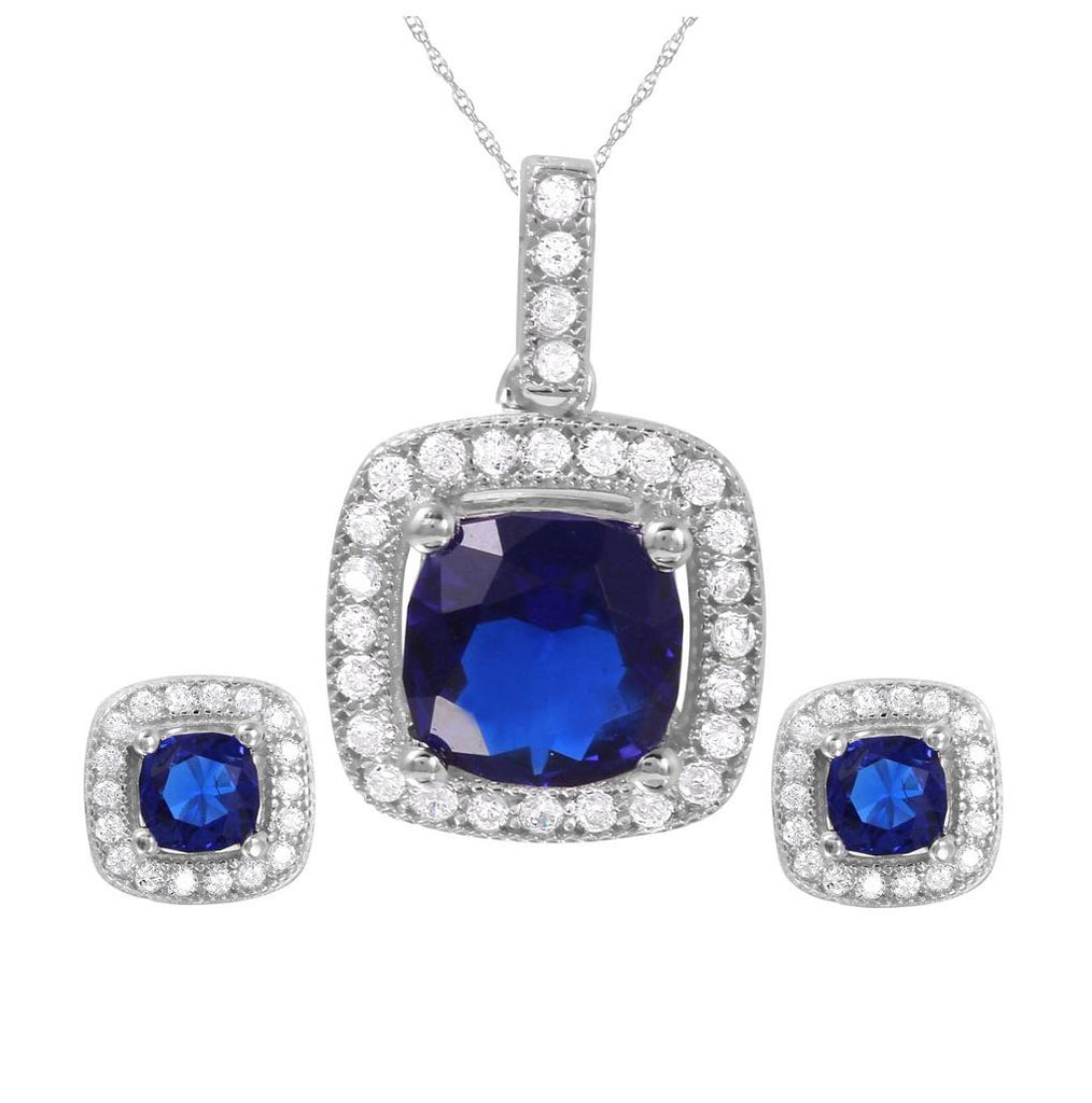 .925 Sterling Silver Rhodium Plated Square Blue Cz Set