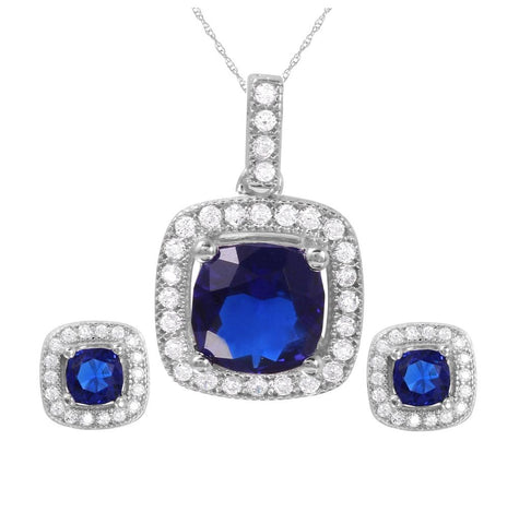 .925 Sterling Silver Rhodium Plated Square Blue Cz Set