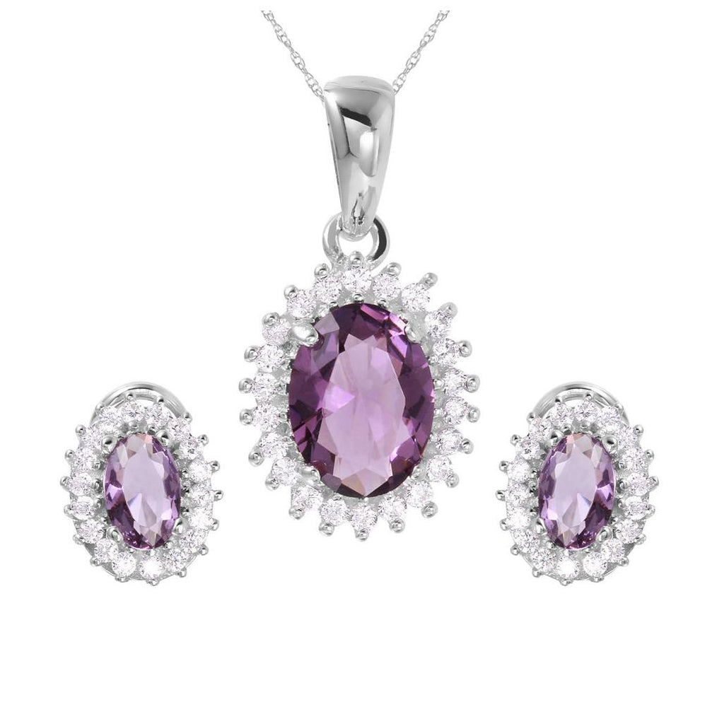 .925 Sterling Silver Rhodium Plated Radial Burst Purple Cz Set