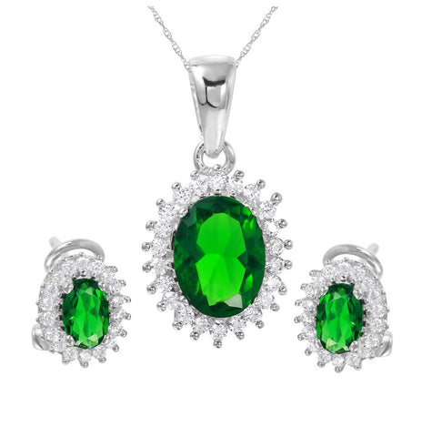 .925 Sterling Silver Rhodium Plated Radial Burst Green Cz Set